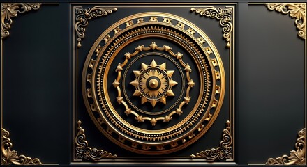 Obraz premium Ornate ceiling design. Luxurious black, gold mandala pattern. Decorative frame. Elegant 3D model. Intricate ornamental pattern. Opulent visual. Rich, regal style. High-end aesthetic. Stylish interior