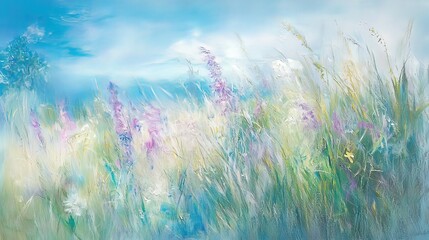 Impressionistic painting of wildflowers swaying in a gentle breeze under a bright blue sky.