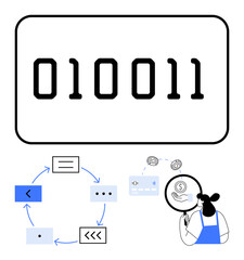 Binary code 010011 on top, a circular process flow diagram, and a person analyzing financial transactions. Ideal for data analysis, coding, systems, digital transactions, technology, finance