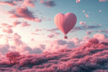 Obraz premium Romantic Heart-Shaped Hot Air Balloon Floating in Pink Cloudscape