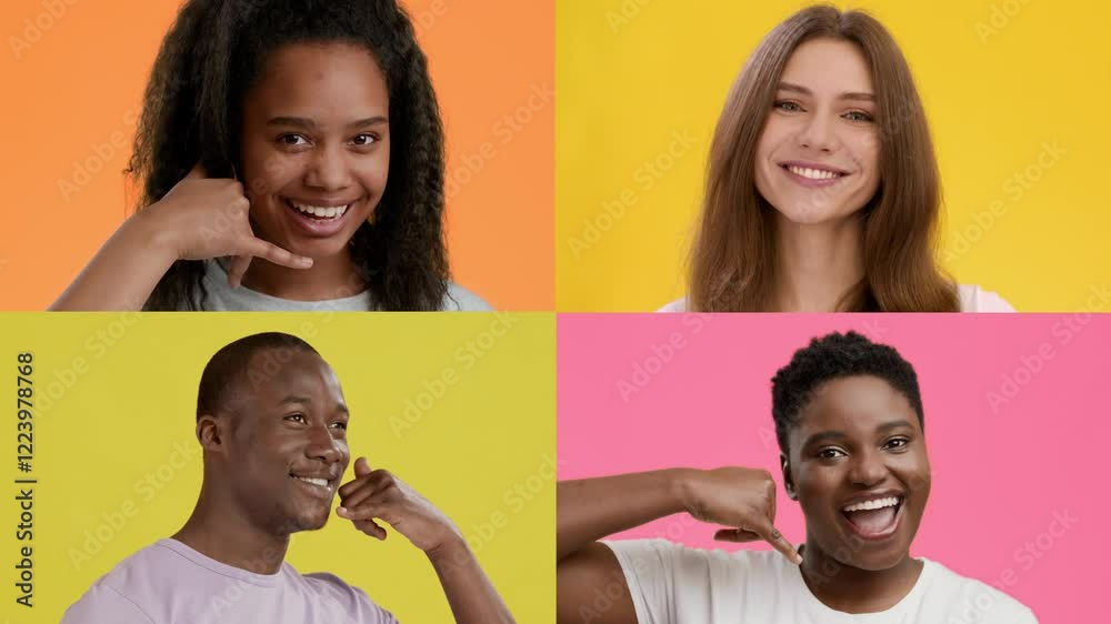 Poster a diverse group of individuals showcases joyful expressions and gestures, each framed in vibrant col