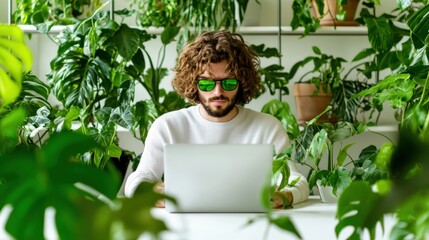 Young man working on laptop surrounded by lush green plants in a modern, tranquil indoor workspace