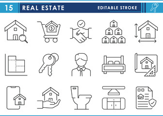 A set of line icons related to Real Estate. House, blueprint, construct, agent, sell, agreement, legal, resident, furniture, and so on. Vector editable stroke.