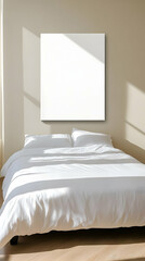 Minimalist bedroom, sunlight, blank canvas, interior design mockup