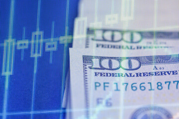 Hundred dollar bills with financial chart overlay