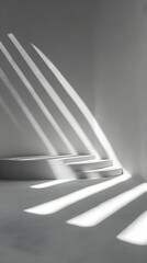 Minimalist white room, sunlight, podium, steps, product display