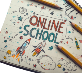 an image of a notebook page with the words 'ONLINE SCHOOL' written in a fun, hand-drawn style