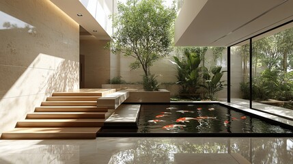 Fototapeta premium Elegant Indoor Space Featuring a Tranquil Large Pond Surrounded by Lush Greenery with an Intricate Staircase Leading to a Cozy Relaxation Area Creating a Peaceful Atmosphere for Reflection