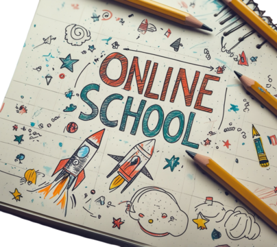 an image of a notebook page with the words 'ONLINE SCHOOL' written in a fun, hand-drawn style