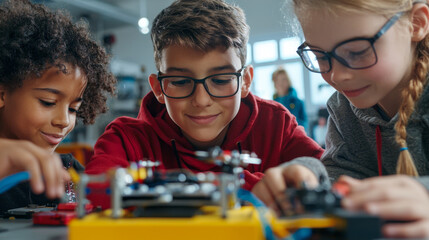 Diverse students collaborating on digital project, focused and engaged in learning. Their teamwork showcases creativity and innovation in modern educational environment