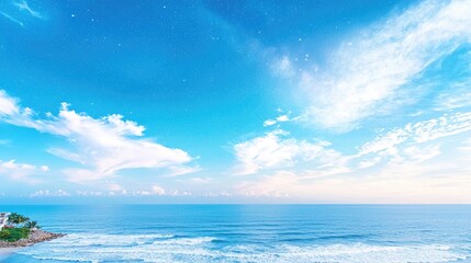 Fototapeta premium Tranquil ocean sunrise, coastal view, calm waves, peaceful sky