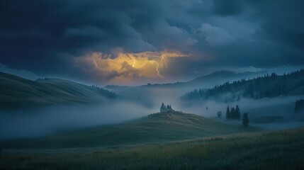 Lightning Amidst Rolling Fog