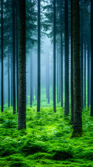 Obraz premium Misty forest path, green moss, tranquil scene, nature wallpaper