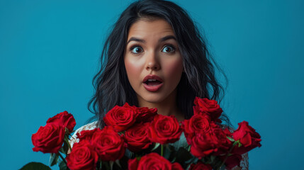 surprised young woman holds bouquet of red roses against blue background, expressing joy and excitement. Her wide eyes and open mouth convey sense of wonder and delight