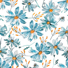 Cute blue daisy flowers pattern, white background watercolor floral seamless pattern. Watercolor print in rustic vintage style, textile or wallpapers.