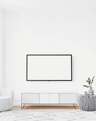 A flat view of a blank TV in a minimalist living room, designed to create a clean and uncluttered environment. Ideal for customizable mockups or digital overlays.