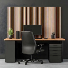 Modern office desk, wood wall, plant
