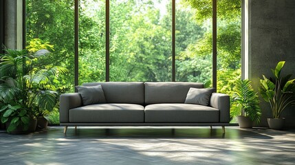 Modern Office Interior with Gray Sofa and Natural Light