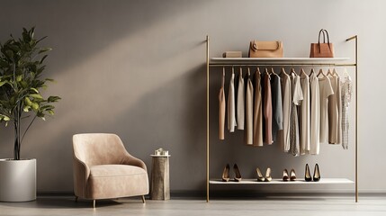 Modern dressing room interior featuring stylish shoes and elegant women's clothing on display, creating a chic and organized space