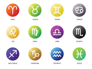 Zodiac signs icon set. Isolated horoscope zodiac symbols, Aries, Taurus, Gemini, Cancer, Leo, Virgo, Libra, Scorpio, Sagittarius, Capricorn, Aquarius, and Pisces. Zodiac astrology vector illustration.