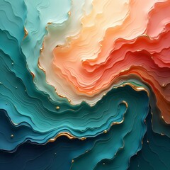 Abstract 3D Wavy Design with Gold, Teal, and Peach Tones