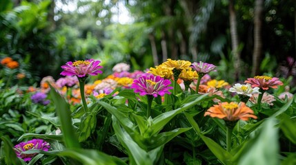 Fototapeta premium Colorful Zinnia flowers bloom in a lush tropical garden, vibrant background, ideal for nature websites