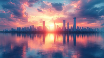 Serene Sunset Over Doha Skyline with Modern Architecture and Calm Waters