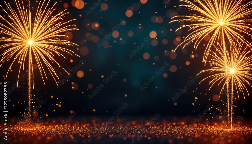 Poster golden fireworks explode against dark backdrop with glittery effects. celebration scene suggests hap