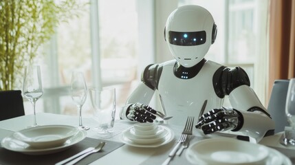 A humanoid robot arranging dining utensils on a table for a family dinner in a modern dining room, focusing on neatness and the dining setup, Elegant style
