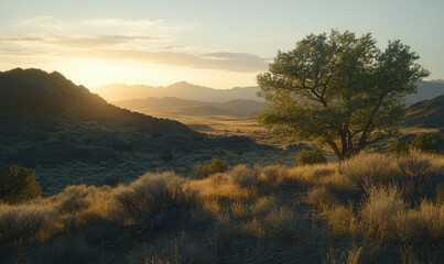 serene landscape featuring lone tree amidst golden grass and rocky hills, illuminated by warm glow of sunset. scene captures beauty of nature and tranquility