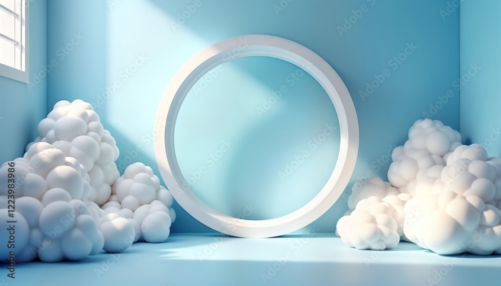 Poster Abstract 3D composition with airy white clouds on calming light blue background. Circular white form in center creates clean presentation area. Soft light highlights clouds. Ideal for product display