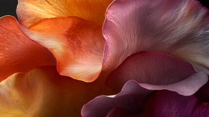 Close up of colorful floral petals with natural texture and waves, harmonious blend of warm and cool tones creating vibrant abstract design