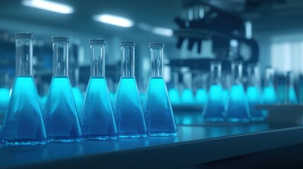 Fototapeta premium Row Of Beakers Filled With Bright Blue Liquid In A Modern Laboratory Setting