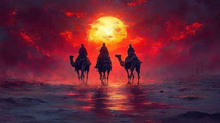 Three Wise Men Journey at Sunset