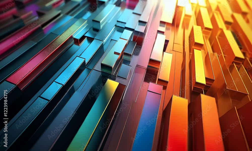 Poster abstract colorful metallic blocks rising, background light, technology design