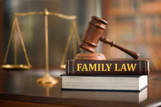 Family Law books on desk in law firm. Legal education about matrimonial law,law of domestic relations.