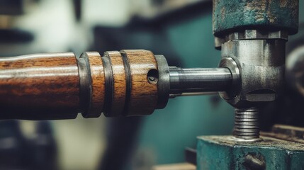 Close-up of Precision Metal Tool with Wooden Handle in Workshop