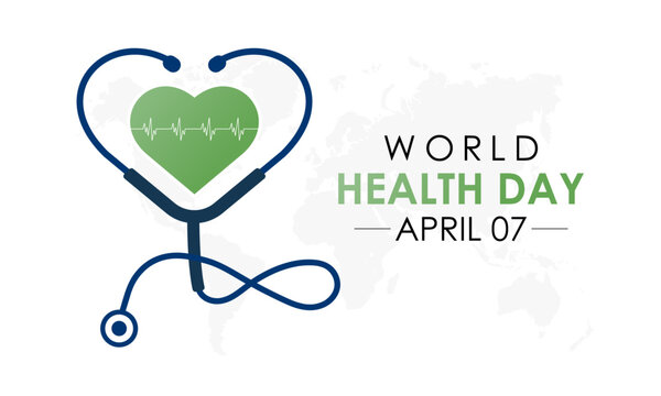 World health day. The goal is to create a world and people that are healthy and happy. Design of earth, heart, stethoscope. Design for banner, cards, prints, social media, poster, flyer and background