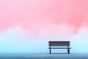 Pink sky bench, misty park, solitude