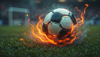 A soccer ball with flames coming out of it on a field.