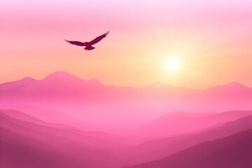 Naklejka premium Pink sunrise, bird flying, mountain range