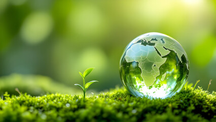 A sprout near crystal globe in environment. Environmental concept earth day, save trees, forest day.