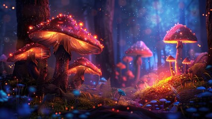 a group of glowing mushroom in a fantasy world