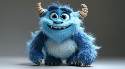 Fototapeta premium A Happy Blue Furry Monster With Horns