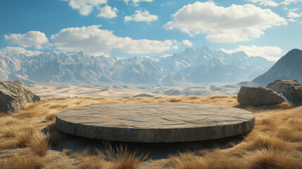 circular stone platform sits in vast landscape, surrounded by mountains and dry grass. scene captures serene and majestic atmosphere, inviting exploration and wonder