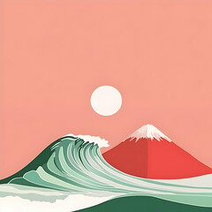 Red Mount Fuji, wave, sun, pink sky; art print