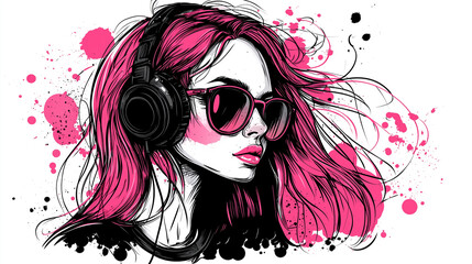 junge Frau mit Sonnenbrille und Kopfhörer beim Musik hören im pink schwarz weiß Sketch Artstyle. Querformat mit Platz für Text. 16:9 Format. Generative AI.