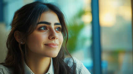Fototapeta premium thoughtful young woman with dark hair and expressive eyes gazes out of window in modern office setting, reflecting on her ideas and aspirations
