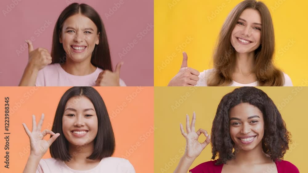 Poster four people from different backgrounds display positive gestures and smiles against vibrant backgrou