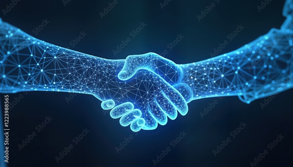 Poster digital glowing low-poly wireframe handshake on blue background. business cooperation concept. abstr
